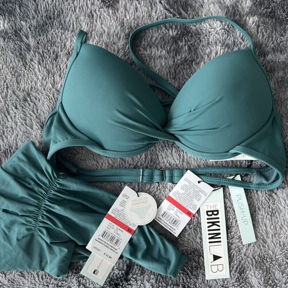 Bikini Lab 2pc Push-Up Padded Underwire Bikini Top Cinched Bottom XS Dark Teal - Picture 6 of 7
